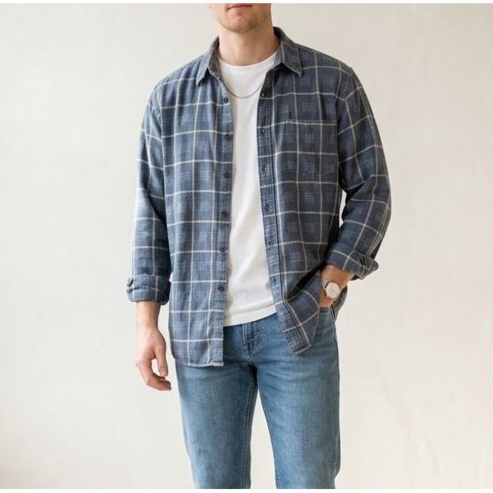 VTG 90s Grunge Rustic J. Crew Oarsman Plaid Flannel Shirt Blue-Gray Men's size L